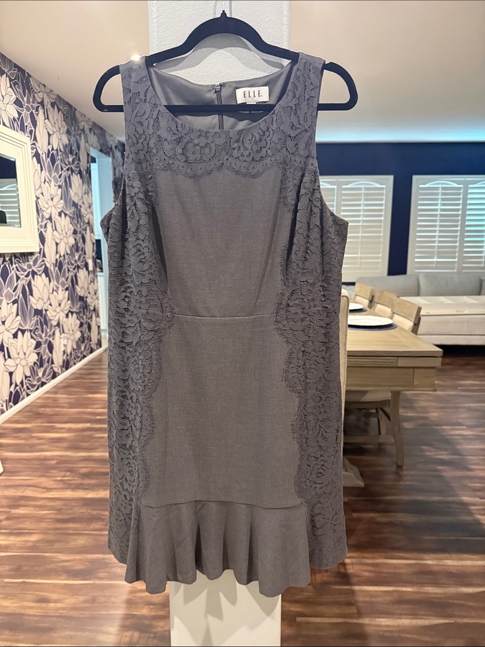 ELLE Gray Lace-Panel Sleeveless Sheath Dress with Ruffle Hem